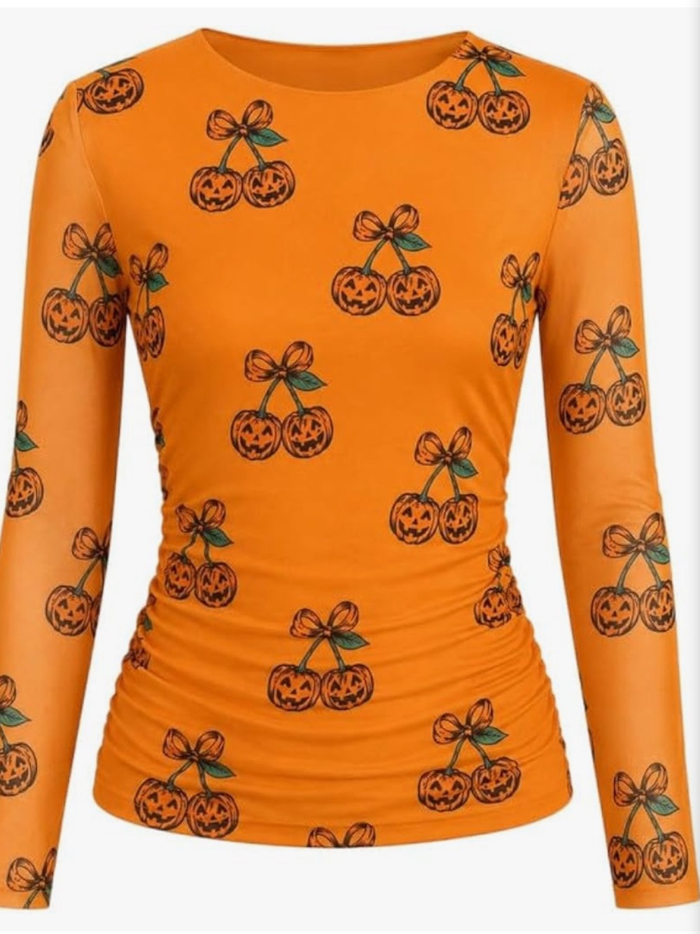 Mesh Orange Pumpkin Print Long Sleeve Ruched Top - Picture 4 of 6